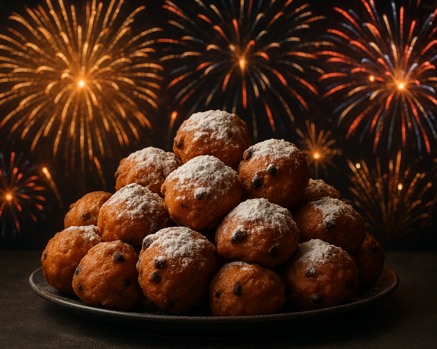 Oliebollen op een schaal met vuurwerk op de achtergrond