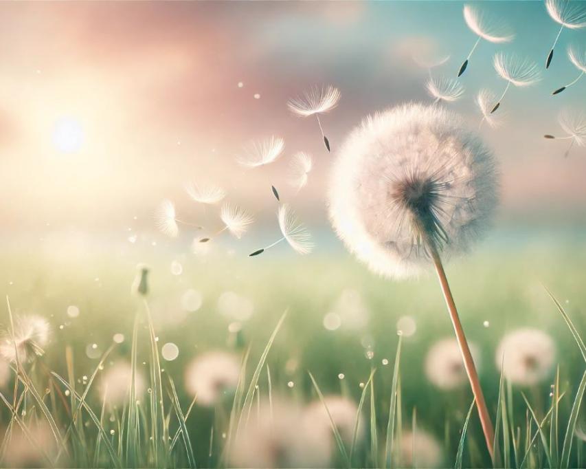 Pluizenbol van een paardenbloem in de wind.