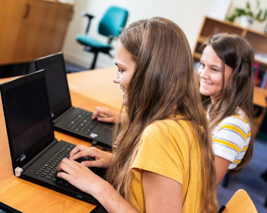 Twee meiden achter de laptop
