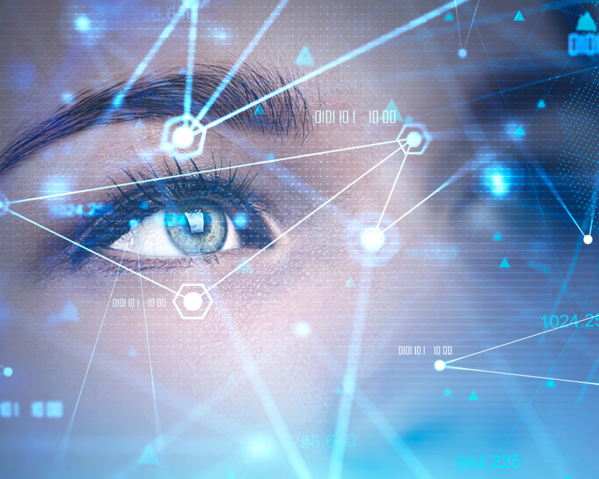 Futuristische afbeelding van iemand die kijkt en geholpen wordt door AI