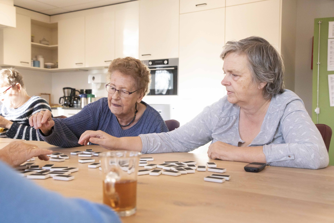 twee bewoonsters zitten aan tafel een spelletje met elkaar te doen