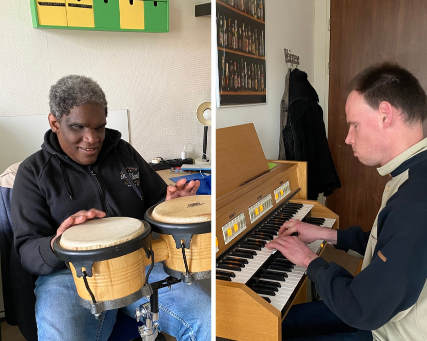 Bewoners Gregory en Albert op hun muziekinstrument