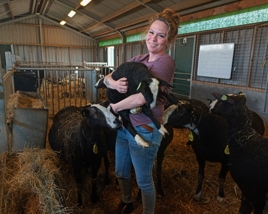 Lizzy de Jong staat tussen de schapen. Ze houdt een lammetje vast.