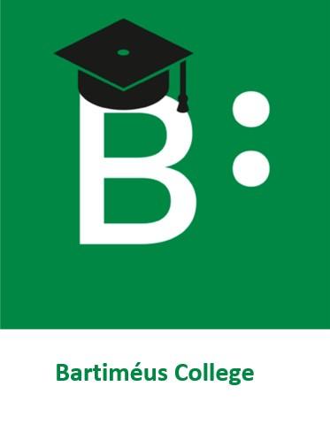 Beeldmerk Bartiméus College. B van Bartiméus met braillepuntjes. Op de B ligt een academische pet.