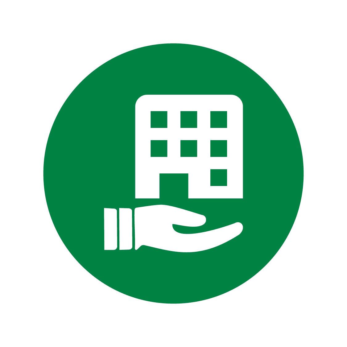 Groene bol met een zorginstelling met een hand eronder als icoon