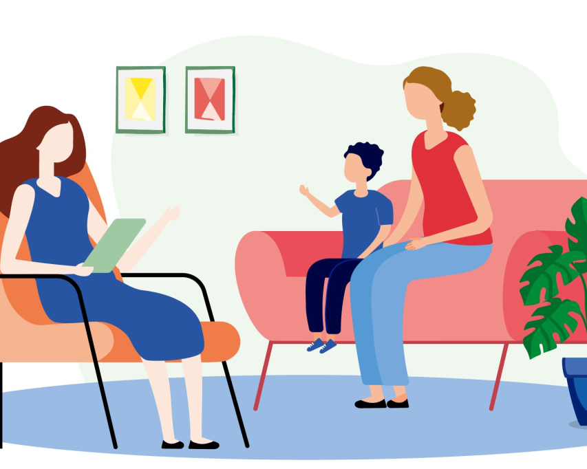 Visual moeder met kind op bank in gesprek met Bartiméus professional