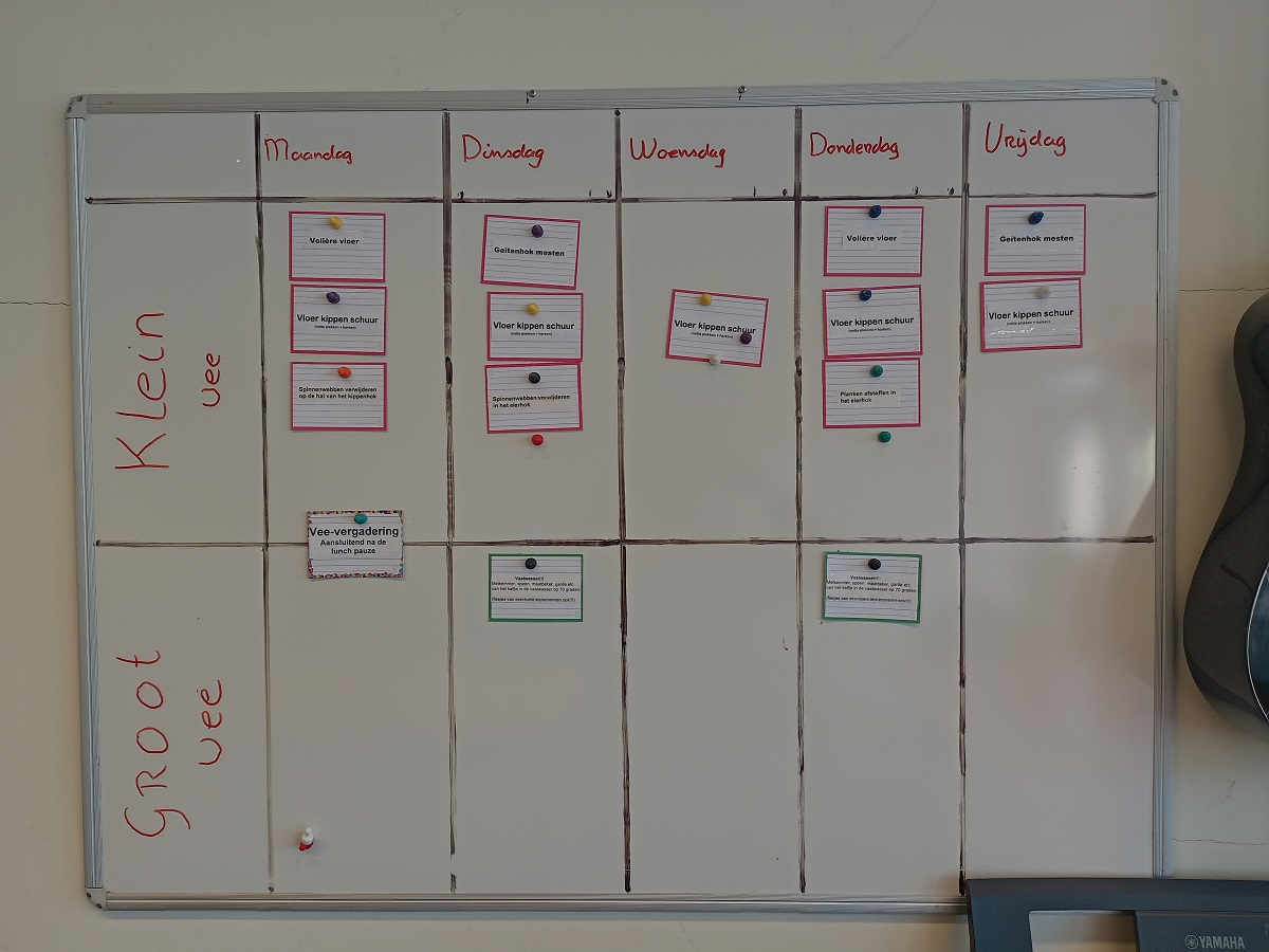 Een memobord met de planning van de verzorging van klein vee en groot vee in Langbroek.