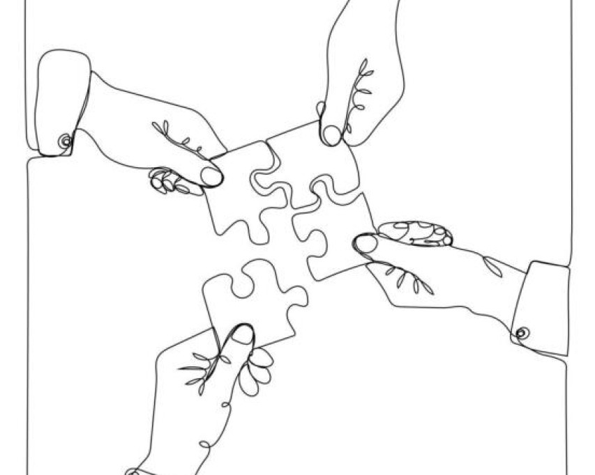 Lijntekening van handen die samen de puzzel oplossen
