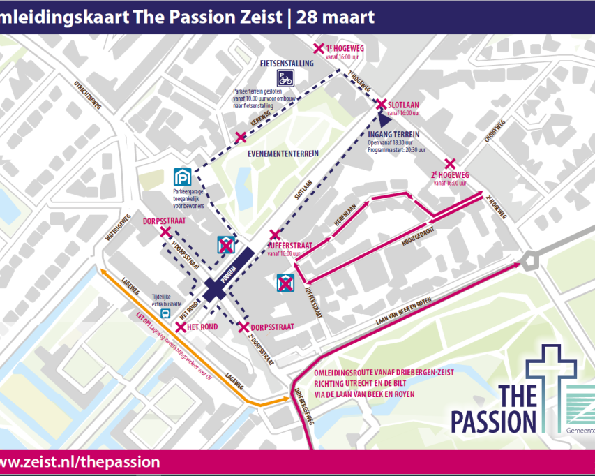 Kaartje met de omleidingsroute vanwege The Passion