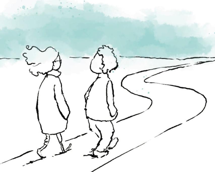 Tekening van twee mensen die samen over een pad lopen.