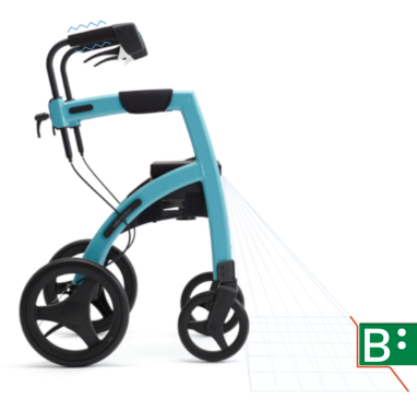 Afbeelding van rollator waarbij de strepen van sensoren in beel worden gebracht. Met daarnaast het logo van Bartiméus