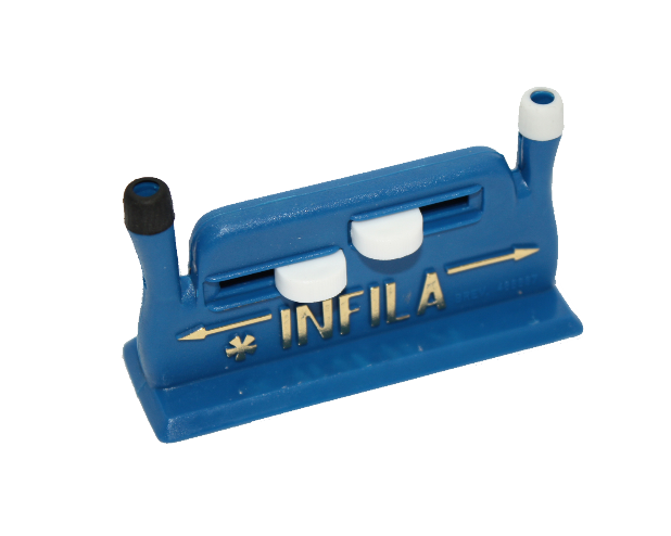 Blauw apparaat met aan weerszijden een opening voor een naald