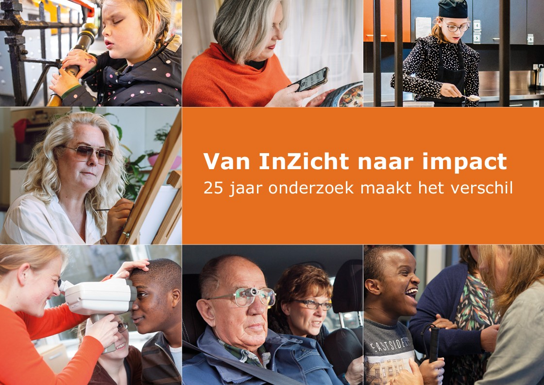 Voorblad van InZicht naar Impact, met foto's van verschillende personen met een visuele beperking
