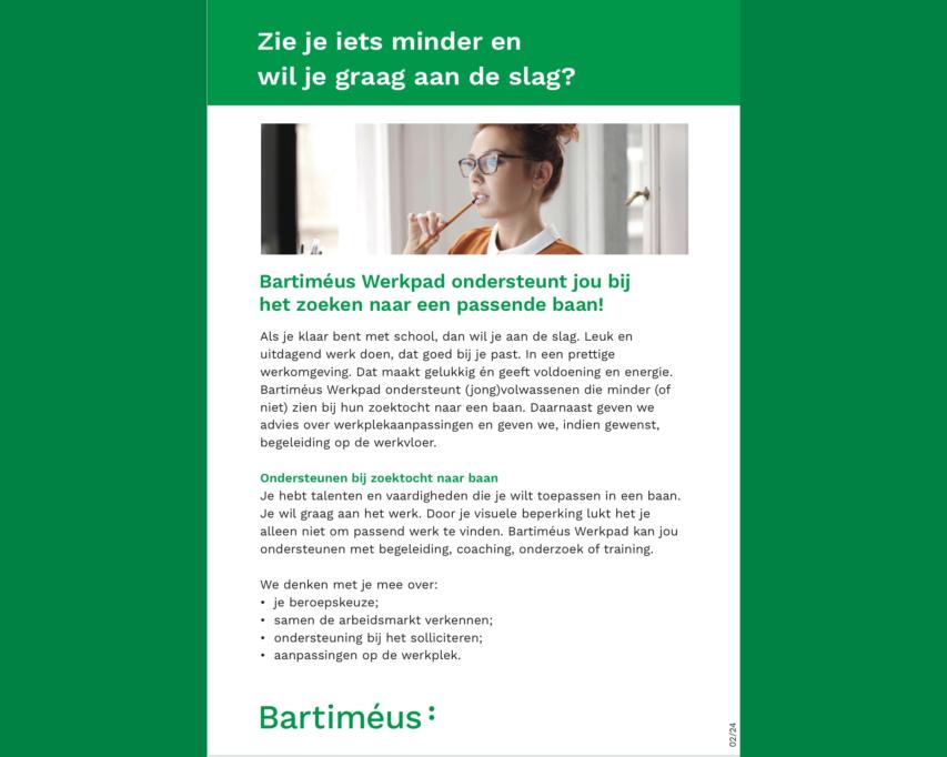 Voorblad van flyer met een dame die nadenkt en een potlood tegen haar mond houdt